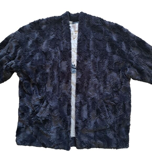 Tiny Edition For Anthropologie Faux Fur Open Front Jacket Medium Navy - Picture 6 of 17